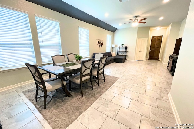 8339 Percheron Pass, San Antonio, TX 78254 - dining area featuring baseboards, ceiling fan, recessed lighting, and light marble finish floors