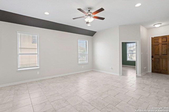 8339 Percheron Pass, San Antonio, TX 78254 - unfurnished room with ceiling fan, vaulted ceiling, recessed lighting, and baseboards