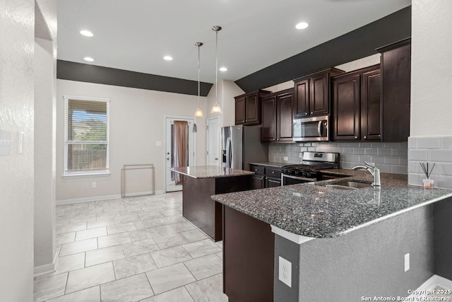 8339 Percheron Pass, San Antonio, TX 78254 - kitchen featuring appliances with stainless steel finishes, a center island, a sink, light marble finish floors, and dark stone countertops