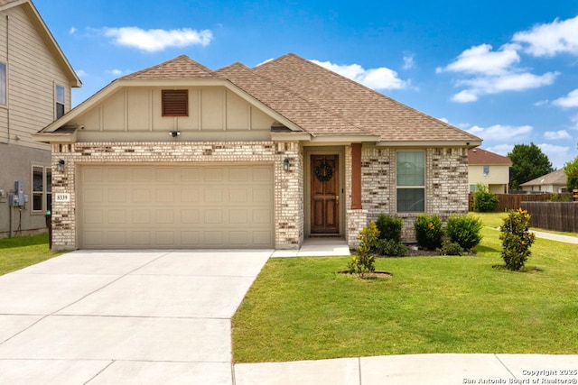 8339 Percheron Pass, San Antonio, TX 78254 - view of front of home featuring brick siding, a shingled roof, a garage, driveway, and board and batten siding