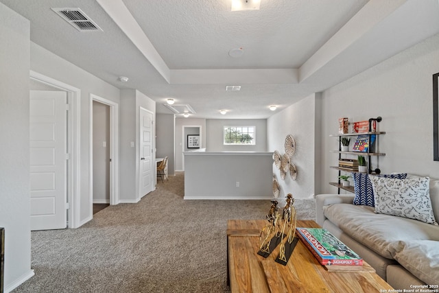 9302 Graze Land Dr, San Antonio, TX 78211 - living area with carpet flooring, a textured ceiling, baseboards, a raised ceiling, and attic access