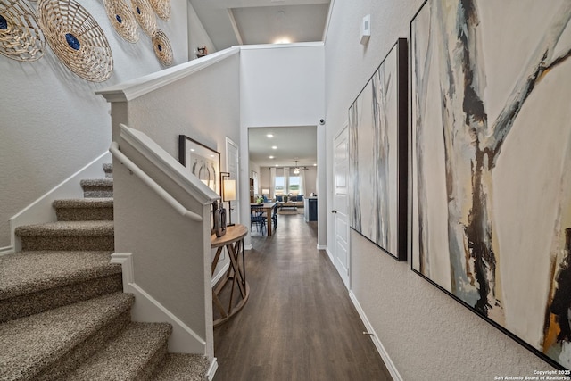 9302 Graze Land Dr, San Antonio, TX 78211 - entryway featuring wood finished floors, stairway, a textured wall, baseboards, and a high ceiling