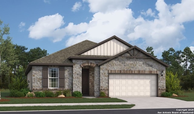 6515 Morgan Gln, San Antonio, TX 78253 - view of front of property with board and batten siding, stone siding, a garage, and driveway
