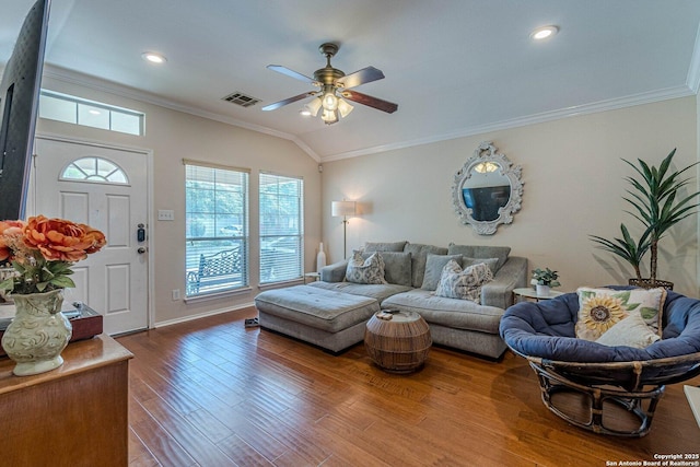 9215 Hilltop Xing, San Antonio, TX 78251 - living room featuring ornamental molding, ceiling fan, wood finished floors, lofted ceiling, and baseboards