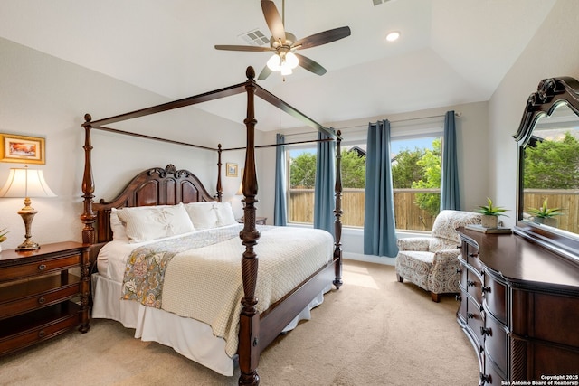 28515 Vogelsdorf, Boerne, TX 78006 - bedroom with light colored carpet, a ceiling fan, lofted ceiling, and recessed lighting