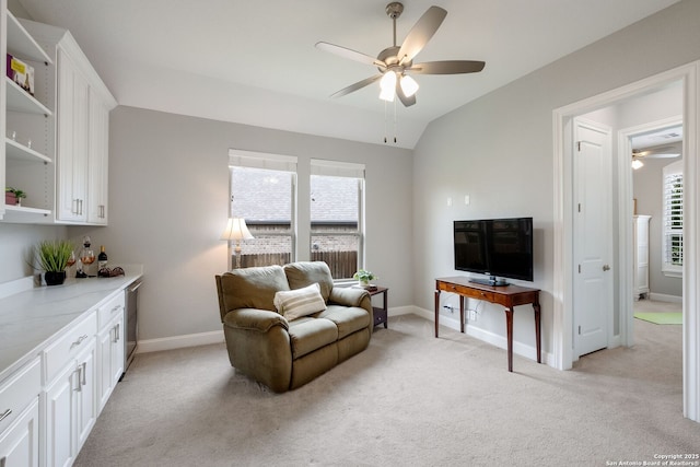28515 Vogelsdorf, Boerne, TX 78006 - living area with ceiling fan, light colored carpet, plenty of natural light, and vaulted ceiling