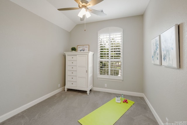 28515 Vogelsdorf, Boerne, TX 78006 - game room featuring ceiling fan, carpet flooring, baseboards, and vaulted ceiling