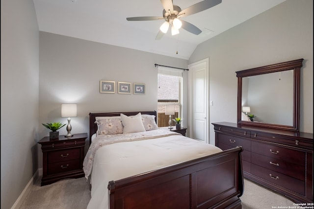 28515 Vogelsdorf, Boerne, TX 78006 - bedroom with light colored carpet, vaulted ceiling, baseboards, and a ceiling fan
