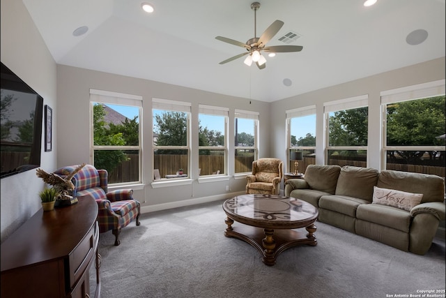 28515 Vogelsdorf, Boerne, TX 78006 - living room with carpet, lofted ceiling, a ceiling fan, baseboards, and recessed lighting