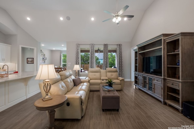 28515 Vogelsdorf, Boerne, TX 78006 - living area featuring high vaulted ceiling, ceiling fan, dark wood finished floors, recessed lighting, and baseboards