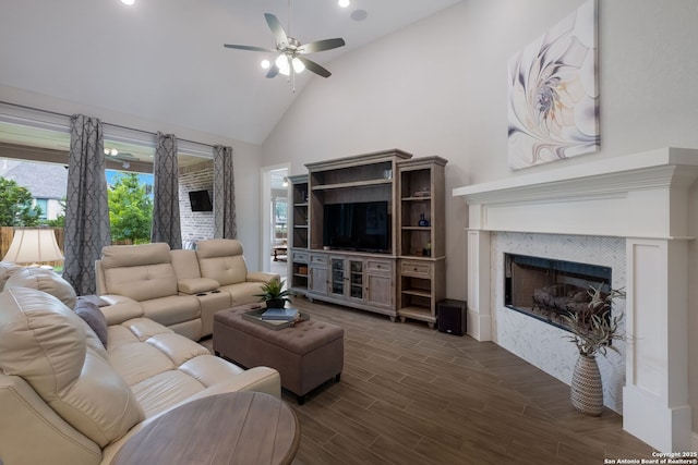28515 Vogelsdorf, Boerne, TX 78006 - living area featuring a ceiling fan, high vaulted ceiling, dark wood-type flooring, a fireplace, and recessed lighting