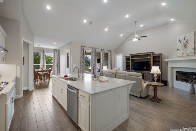 28515 Vogelsdorf, Boerne, TX 78006 - kitchen featuring dishwasher, a sink, a ceiling fan, wood finished floors, and white cabinets