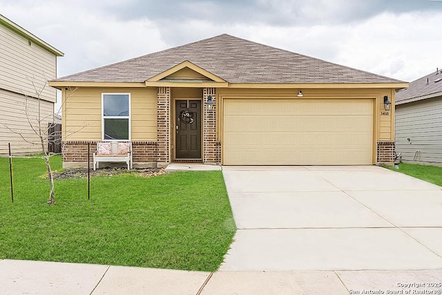 14616 Stable Spgs, Elmendorf, TX 78112 - single story home featuring brick siding, a shingled roof, driveway, and a front lawn