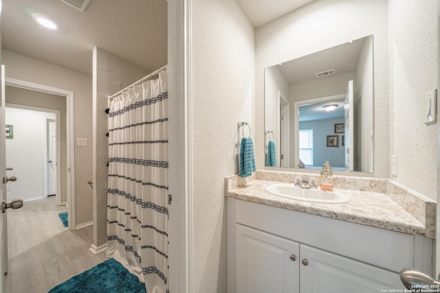 14616 Stable Spgs, Elmendorf, TX 78112 - bathroom featuring a textured wall, vanity, wood finished floors, and a shower with curtain