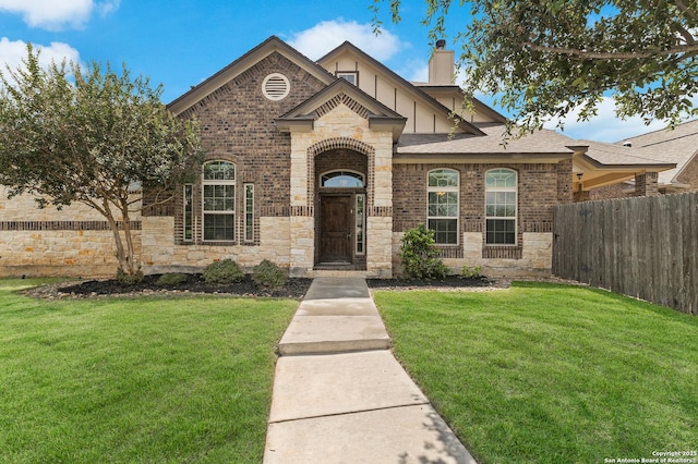 26114 Shady Acres, San Antonio, TX 78260 - view of front facade featuring a chimney, brick siding, stone siding, and roof with shingles
