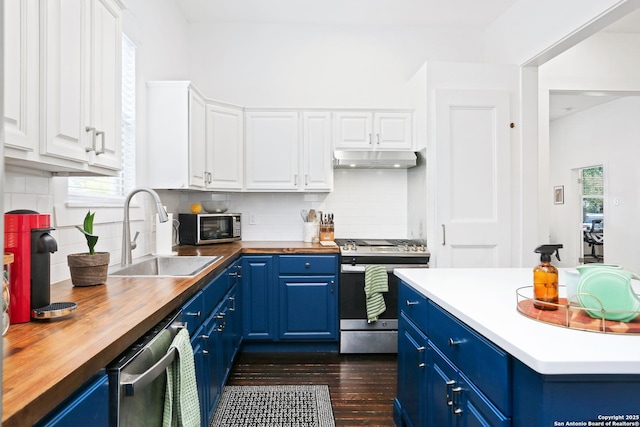 1106 W Summit Ave, San Antonio, TX 78201 - kitchen with blue cabinets, a sink, stainless steel appliances, wood counters, and range hood