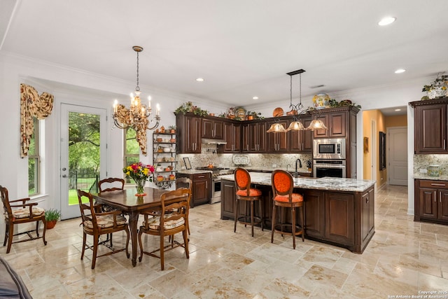 21302 Ronda De Cadiz, San Antonio, TX 78257 - dining room featuring a chandelier, ornamental molding, recessed lighting, and stone tile flooring