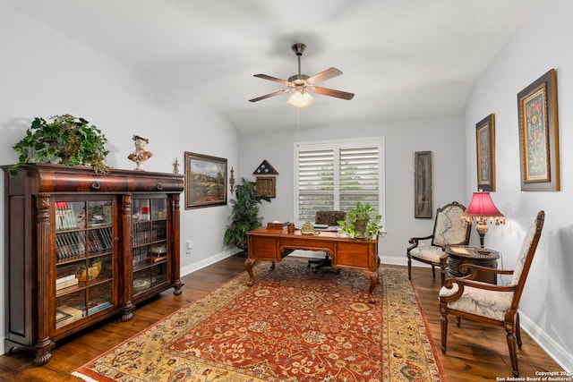 21302 Ronda De Cadiz, San Antonio, TX 78257 - home office featuring ceiling fan, dark wood finished floors, baseboards, and lofted ceiling