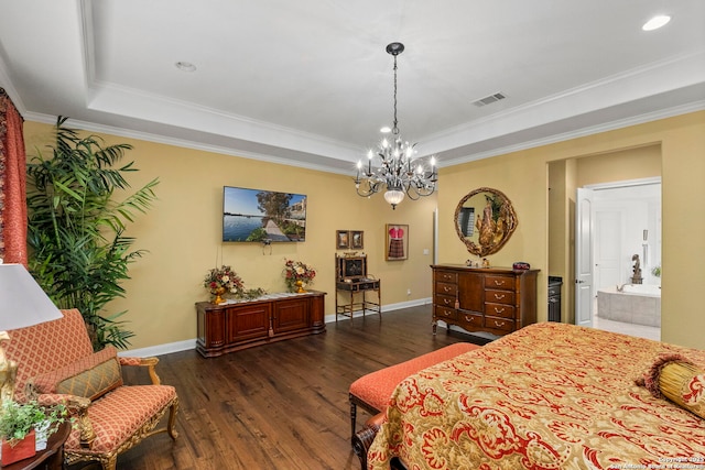 21302 Ronda De Cadiz, San Antonio, TX 78257 - bedroom featuring a raised ceiling, dark wood-style floors, a chandelier, baseboards, and crown molding