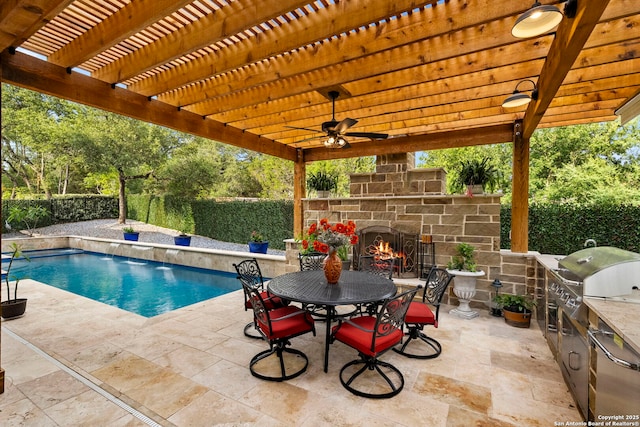 21302 Ronda De Cadiz, San Antonio, TX 78257 - view of swimming pool with an outdoor stone fireplace, a fenced backyard, a patio, outdoor dining space, and ceiling fan