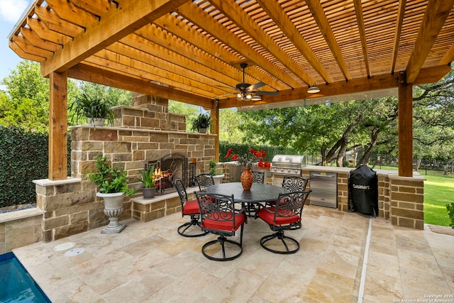 21302 Ronda De Cadiz, San Antonio, TX 78257 - view of patio / terrace with an outdoor stone fireplace, a pergola, and ceiling fan