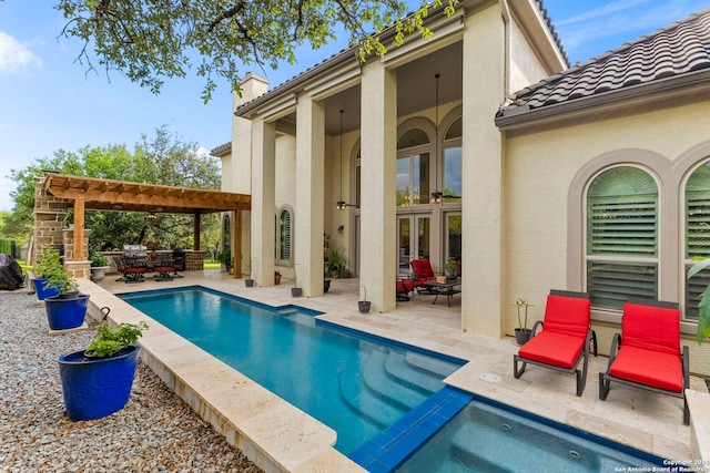 21302 Ronda De Cadiz, San Antonio, TX 78257 - swimming pool featuring french doors, a patio, a pergola, outdoor dining area, and an in-ground hot tub