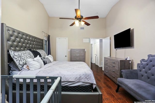 7738 Chambers Rd Unit 1203, San Antonio, TX 78229 - bedroom featuring high vaulted ceiling, dark wood-style flooring, and a ceiling fan