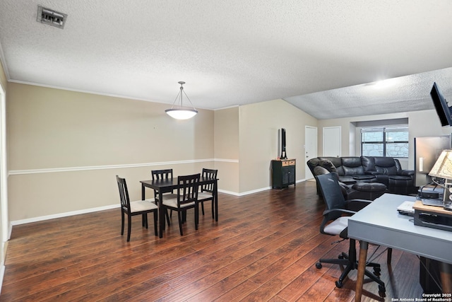 7738 Chambers Rd Unit 1203, San Antonio, TX 78229 - office space with a textured ceiling, dark wood finished floors, lofted ceiling, and baseboards