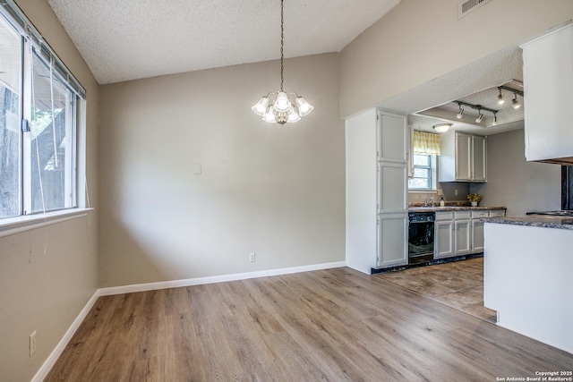 3030 Heidi St, San Antonio, TX 78247 - kitchen featuring light wood finished floors, a chandelier, a textured ceiling, vaulted ceiling, and decorative light fixtures