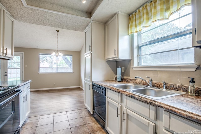 3030 Heidi St, San Antonio, TX 78247 - kitchen with black appliances, a sink, white cabinets, a textured ceiling, and pendant lighting