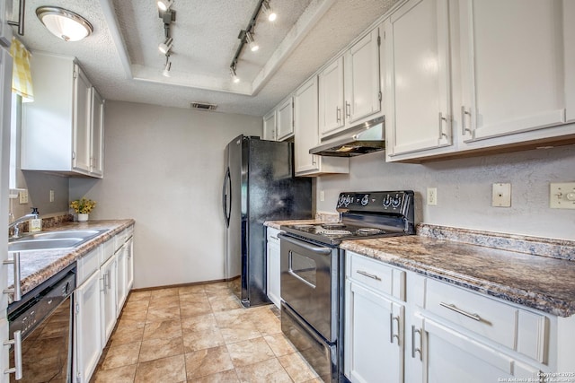 3030 Heidi St, San Antonio, TX 78247 - kitchen featuring under cabinet range hood, black appliances, a sink, track lighting, and a textured ceiling