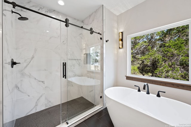 604 Compass Rose, Canyon Lake, TX 78133 - full bathroom featuring a soaking tub, a marble finish shower, and recessed lighting
