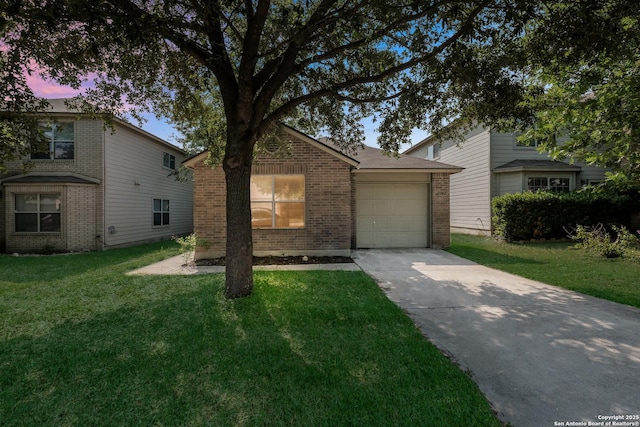 11342 Victory Cavern, San Antonio, TX 78254 - view of front of home with brick siding, a garage, driveway, and a front yard
