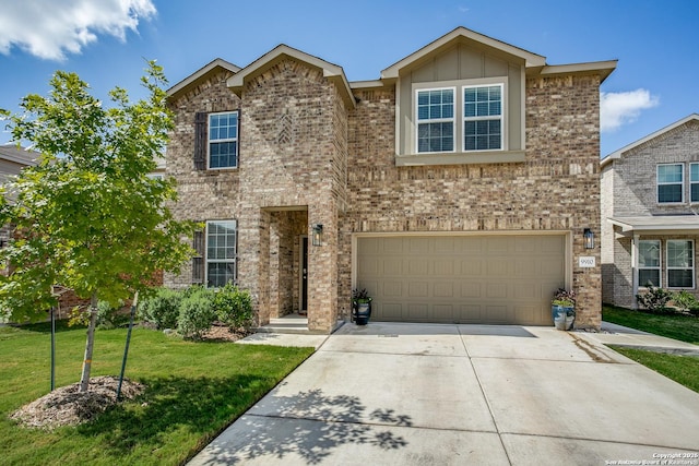 9910 Cowboy Ln, San Antonio, TX 78254 - traditional-style house featuring brick siding, a garage, driveway, and a front yard