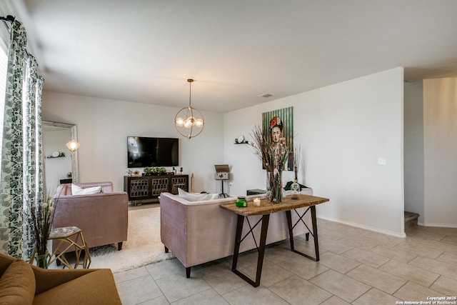 9910 Cowboy Ln, San Antonio, TX 78254 - living area with a chandelier, light tile patterned floors, and baseboards