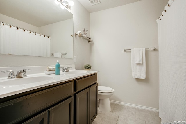 9910 Cowboy Ln, San Antonio, TX 78254 - full bath featuring double vanity, toilet, tile patterned flooring, baseboards, and a shower with shower curtain