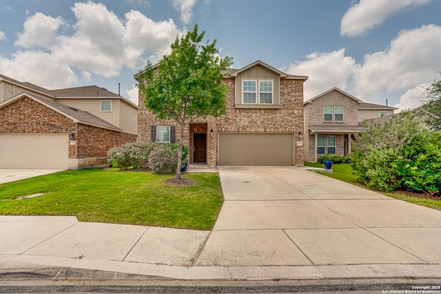 9910 Cowboy Ln, San Antonio, TX 78254 - traditional home featuring driveway, a front yard, brick siding, and an attached garage