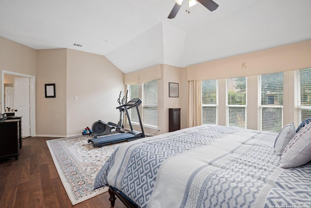 19426 Desert Oak, San Antonio, TX 78258 - bedroom with multiple windows, vaulted ceiling, a ceiling fan, and dark wood-style floors