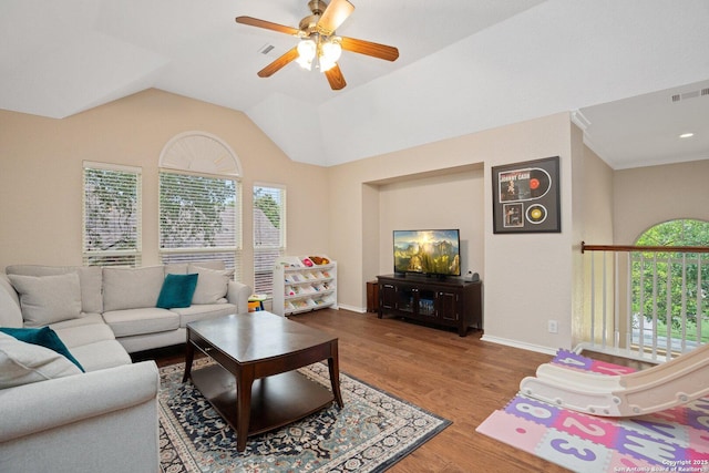 19426 Desert Oak, San Antonio, TX 78258 - living area featuring a ceiling fan, wood finished floors, and lofted ceiling