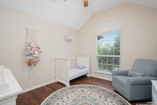19426 Desert Oak, San Antonio, TX 78258 - bedroom featuring lofted ceiling, wood finished floors, a ceiling fan, and a crib