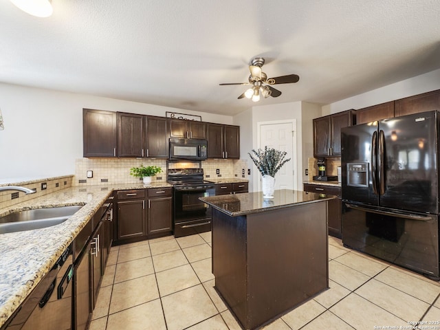 3842 Fiesta Trl, San Antonio, TX 78245 - kitchen with black appliances, decorative backsplash, ceiling fan, a sink, and dark brown cabinets