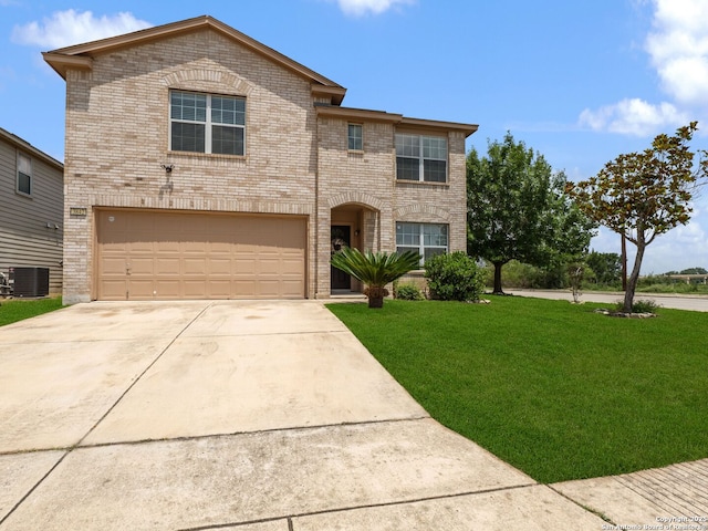 3842 Fiesta Trl, San Antonio, TX 78245 - traditional-style home with brick siding, a front yard, an attached garage, and concrete driveway