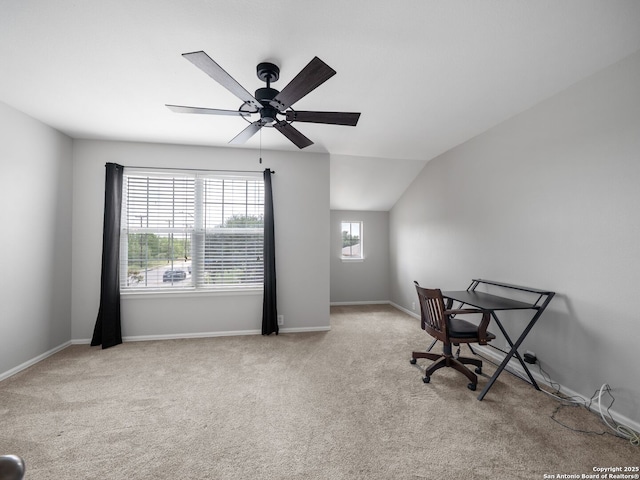 3842 Fiesta Trl, San Antonio, TX 78245 - home office featuring carpet floors, a ceiling fan, and baseboards