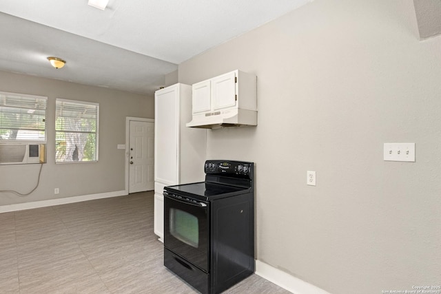 323 Roseborough, San Antonio, TX 78210 - kitchen with black range with electric cooktop, under cabinet range hood, white cabinetry, baseboards, and cooling unit