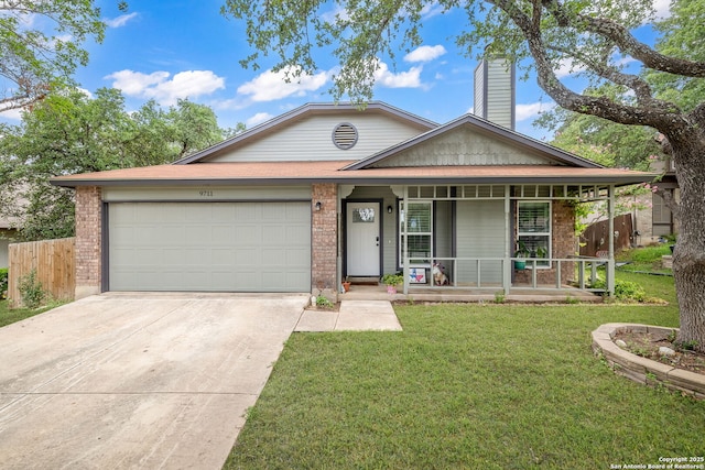 9711 Doefield, San Antonio, TX 78250 - view of front of house with a porch, driveway, an attached garage, a chimney, and brick siding