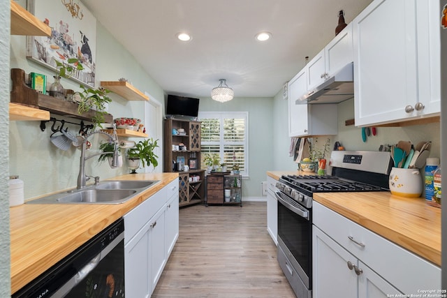 9711 Doefield, San Antonio, TX 78250 - kitchen with gas stove, open shelves, under cabinet range hood, butcher block countertops, and dishwasher