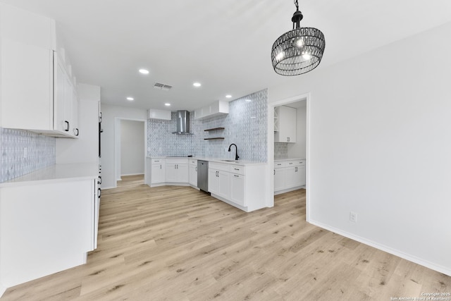 16415 Old Stable, San Antonio, TX 78247 - kitchen with wall chimney exhaust hood, a sink, open shelves, tasteful backsplash, and dishwasher