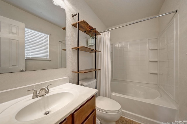 11907 Pure Silver, San Antonio, TX 78254 - bathroom featuring toilet, shower / tub combo, vanity, and a textured wall
