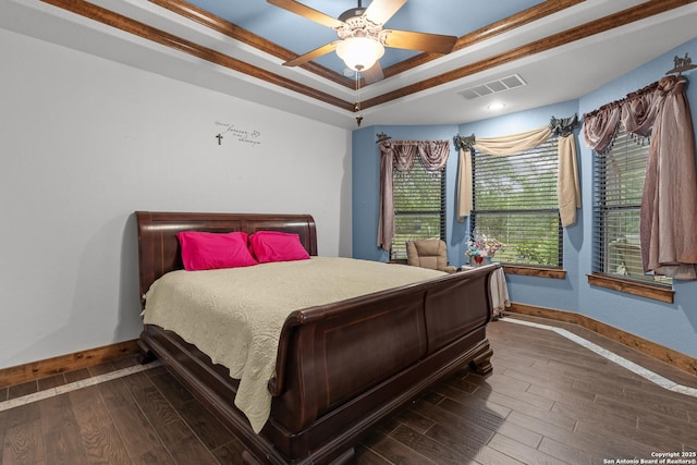 151 Native Pecan, Canyon Lake, TX 78133 - bedroom with a raised ceiling, baseboards, dark wood finished floors, and ceiling fan