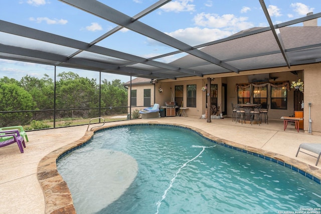151 Native Pecan, Canyon Lake, TX 78133 - swimming pool featuring outdoor dining area, a patio, glass enclosure, and area for grilling